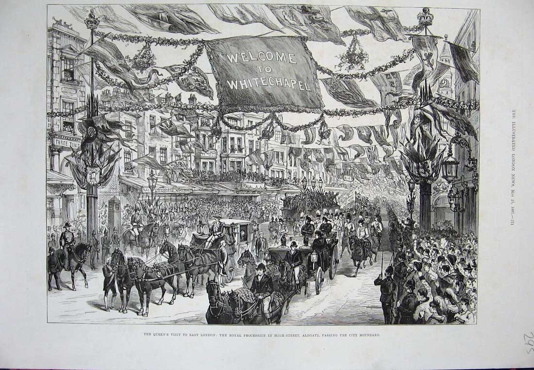 Old Antique Print 1887 Queen London Procession High-Street Aldgate Horses 19th