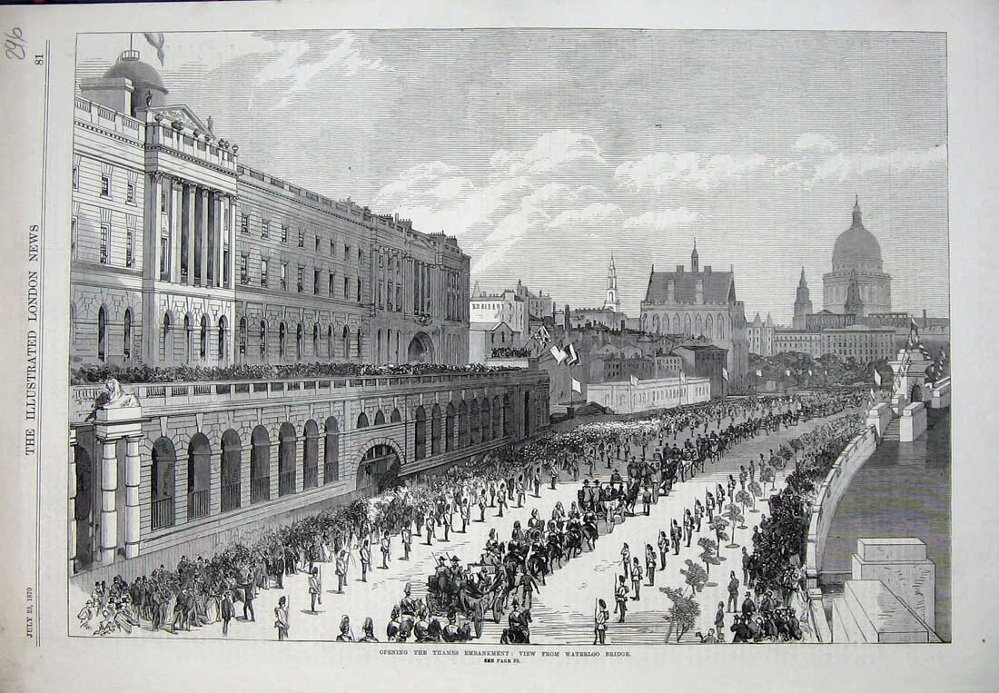 Original Old Antique Print Thames Embankment Waterloo Bridge River 1870 Guards