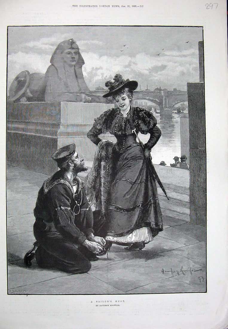 Old Antique Print 1893 Sailor Lady Man Romance River Bridge Knowles Art 19th