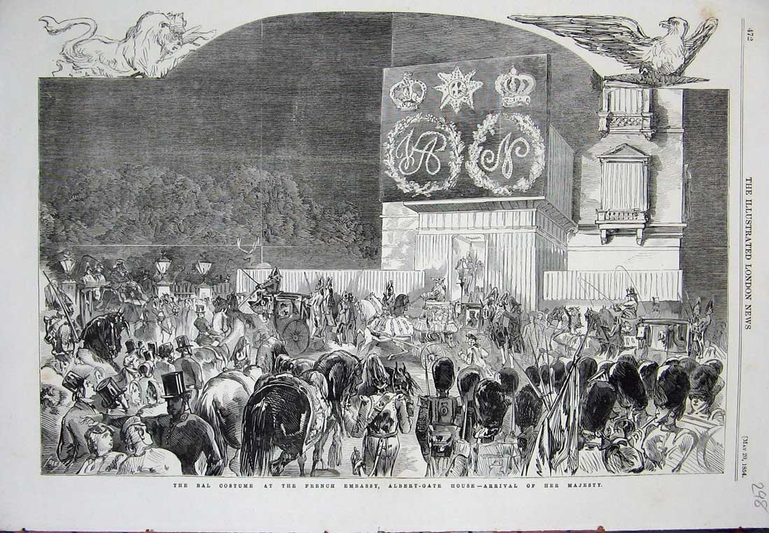 Original Old Antique Print 1854 Bal Costume French Embassy Albert-Gate Queen