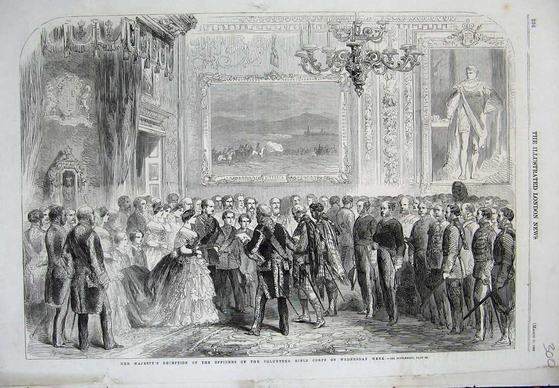 Original Old Antique Print 1860 Queen Officers Ta Volunteer Army Rifle Corps