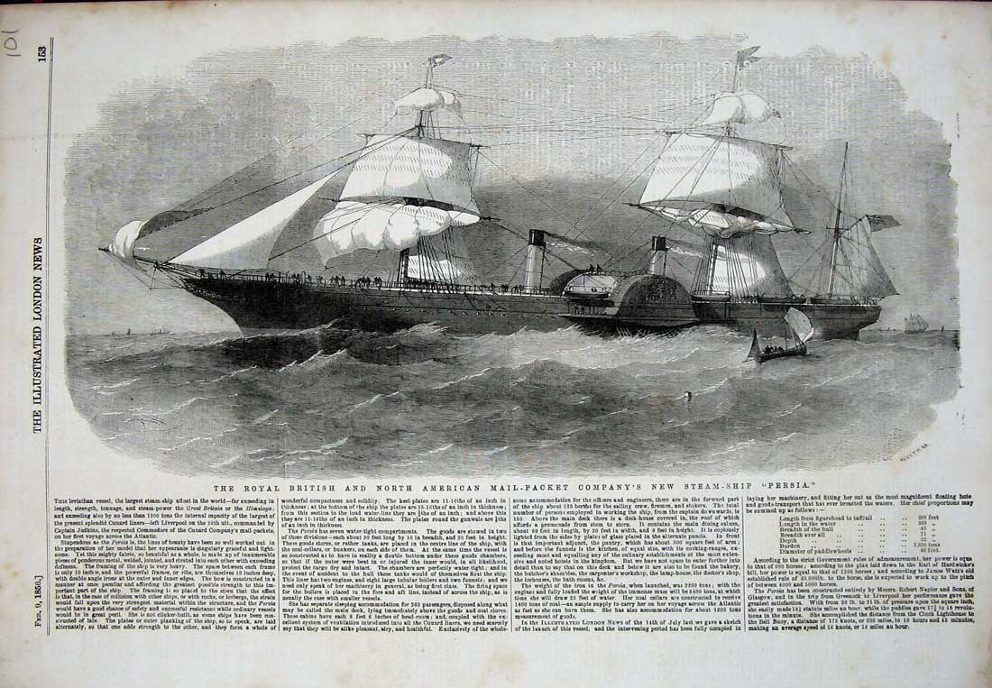 Original Old Antique Print 1856 Royal British American Mail-Packet Ship Persia