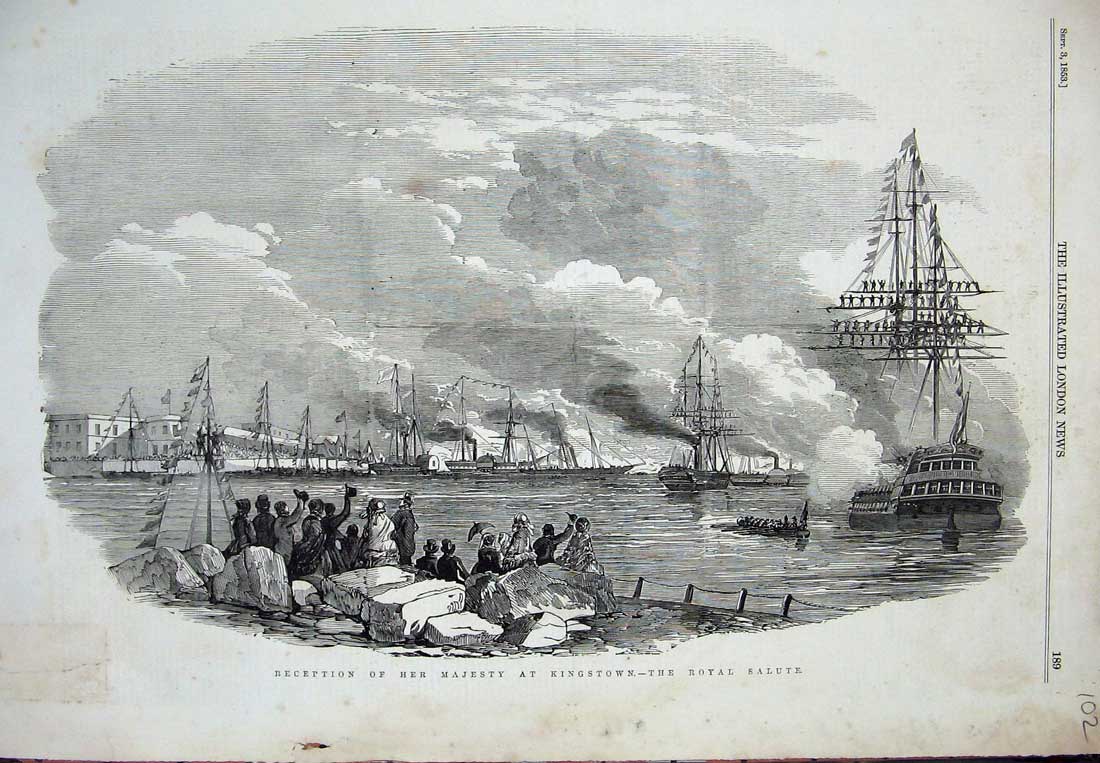 Old Antique Print Reception Queen Kingstown Royal Salute Ship Flags 1853 19th
