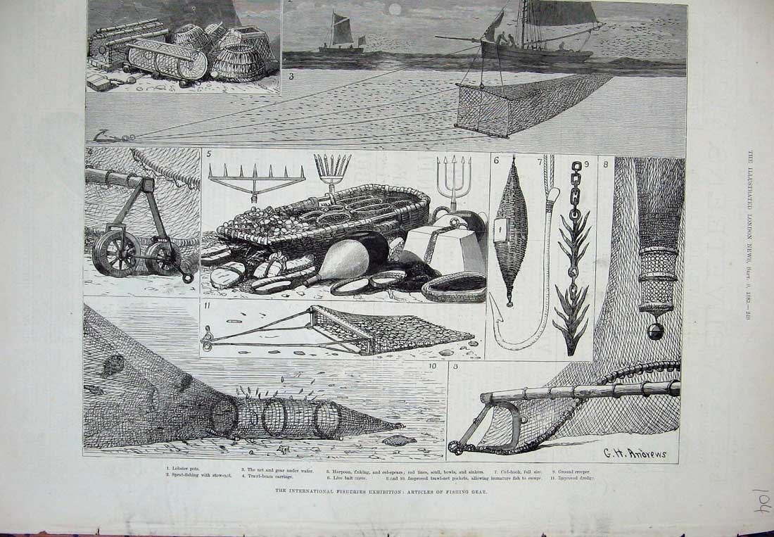 Old Antique Print Fisheries Exhibition 1883 Fishing Net Lobster Pots Bait 19th