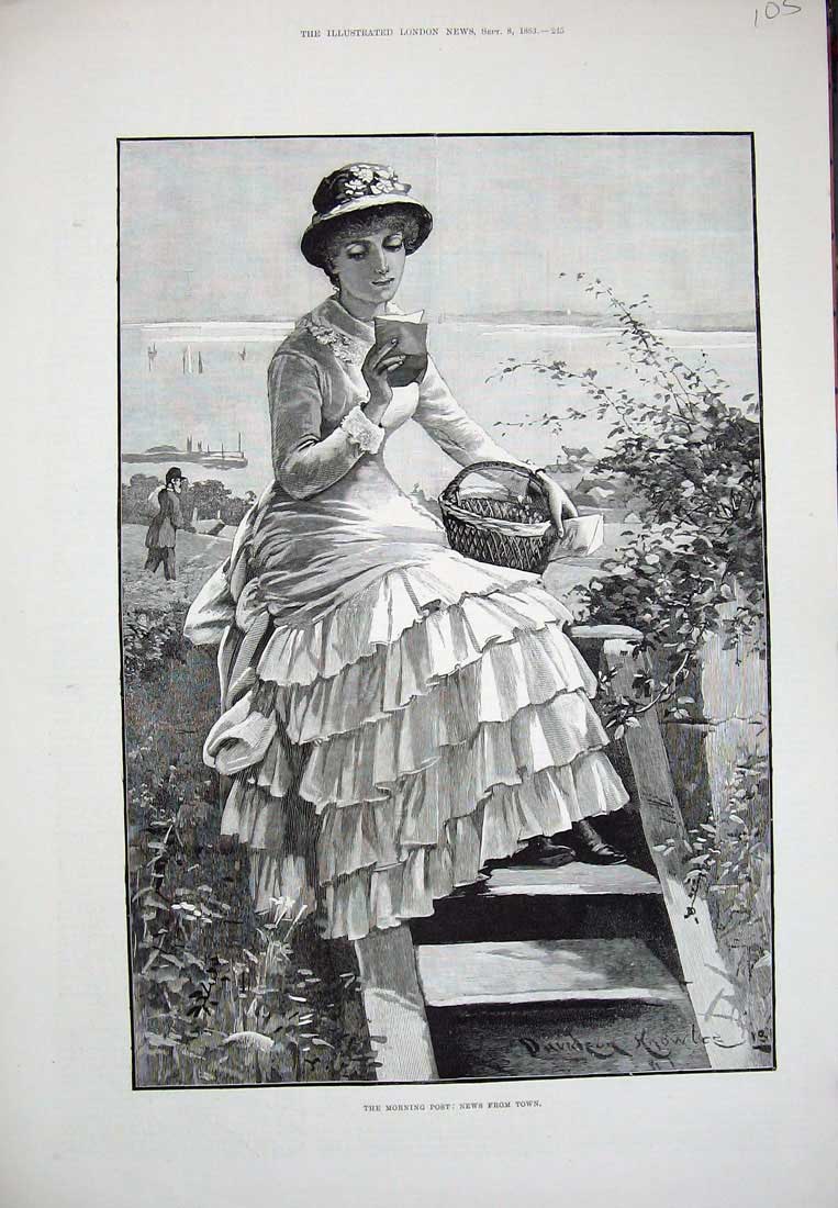 Original Old Antique Print 1883 Knowles Fine Art Woman Lady Letter Post Basket