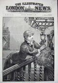 Old Antique Print Overend Fine Art 1882 Mistletoe Christmas Lady Stairs 19th
