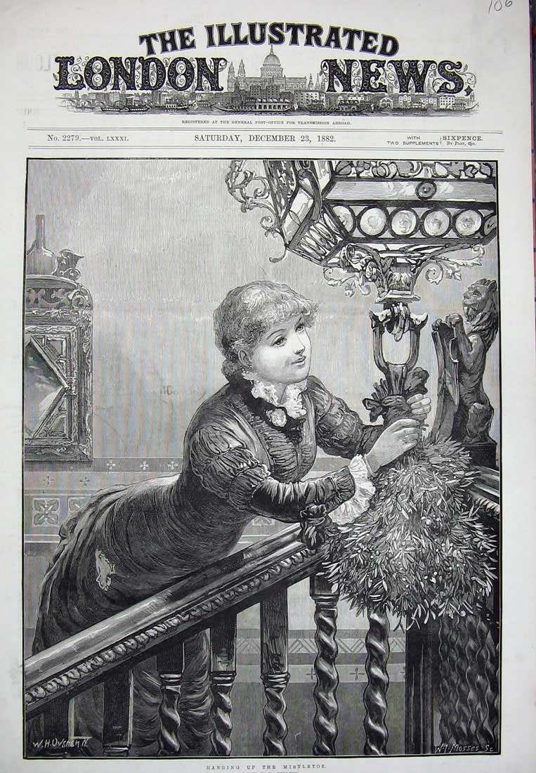 Old Antique Print Overend Fine Art 1882 Mistletoe Christmas Lady Stairs 19th