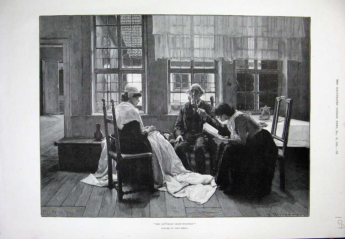 Old Antique Print 1891 Paul Rieth Fine Art Man Ladies Sewing Reading Book 19th