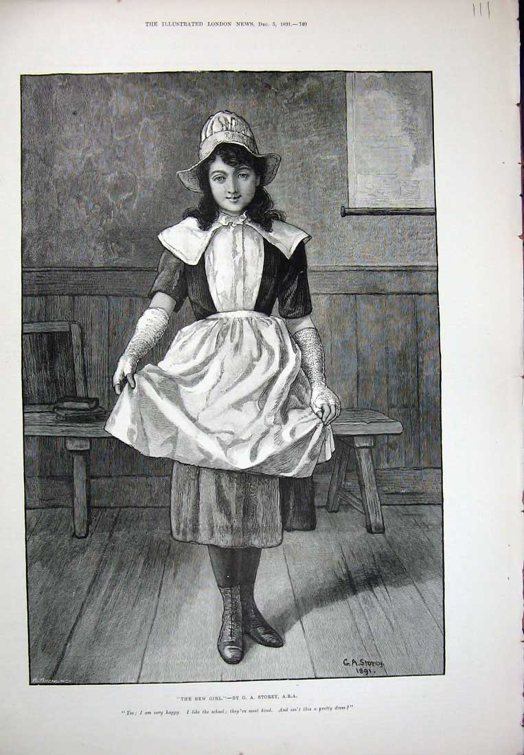 Original Old Antique Print 1891 Little Girl School Dress Hat Storey Fine Art