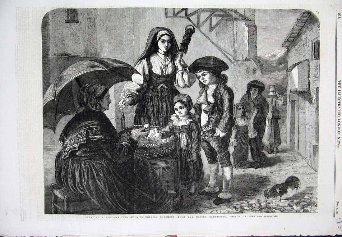 Old Antique Print 1858 Street Scene Woman Selling Food Spending Sou Hen 19th