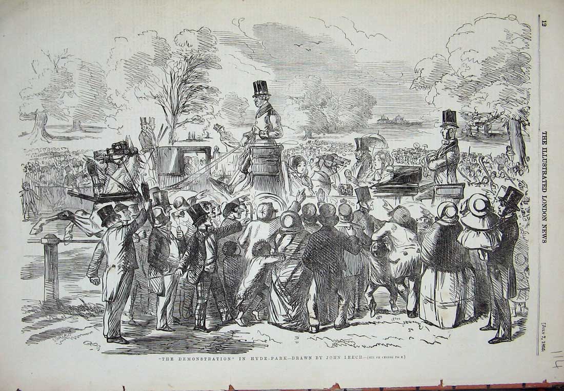 Original Old Antique Print Demonstration Hyde Park London Horses Carriage 1855