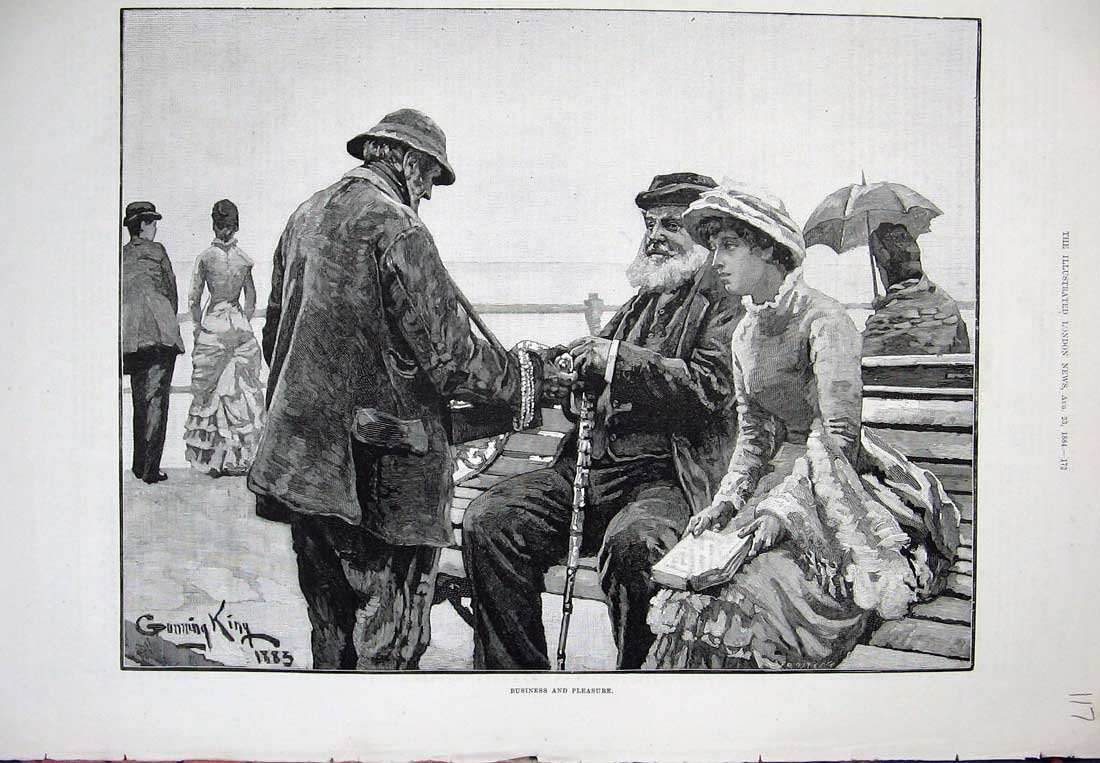 Original Old Antique Print 1884 Man Woman Sea-Side Selling Bench King Fine Art