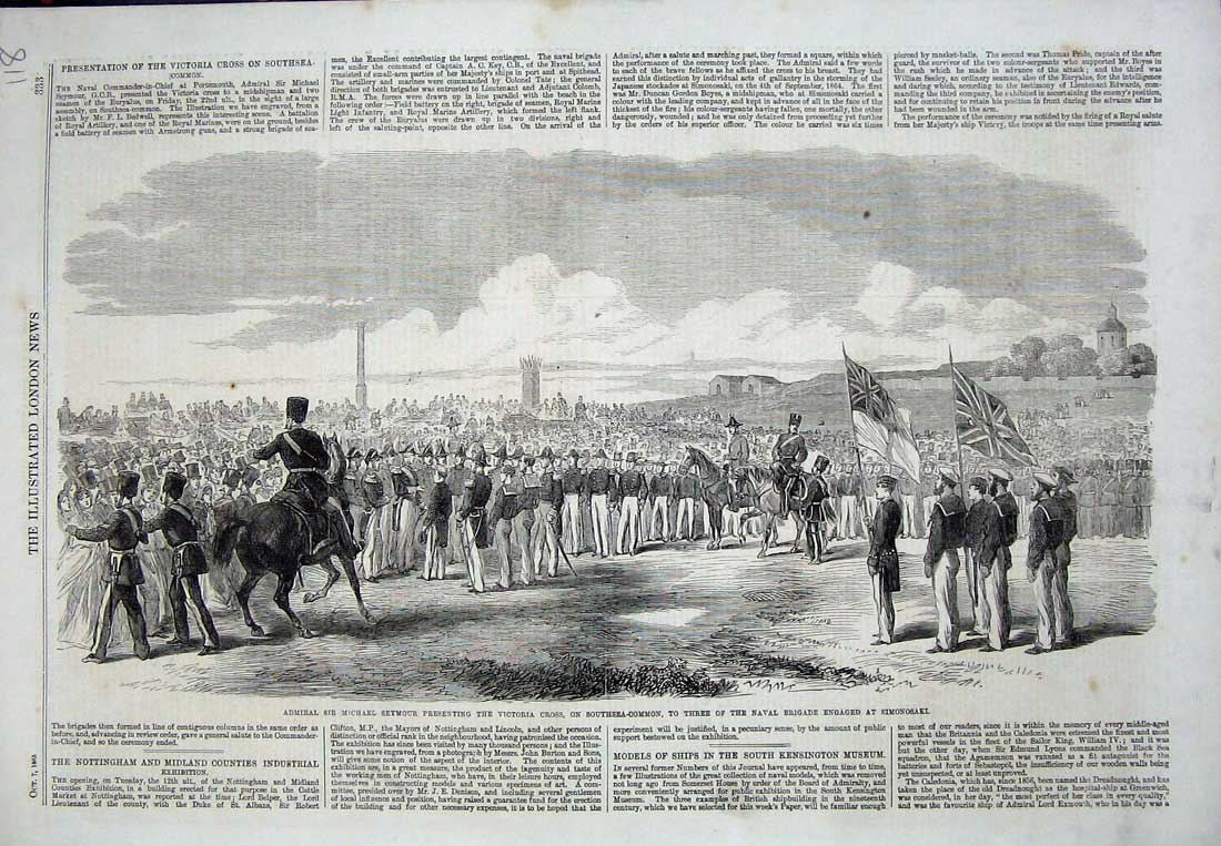 Old Antique Print Admiral Seymour Victoria Cross 1865 Southsea Simonosaki 19th