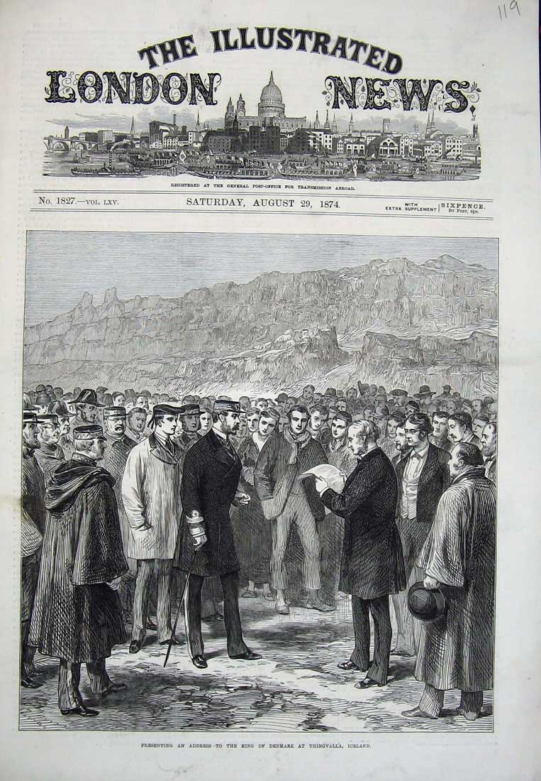 Original Old Antique Print Address King Denmark Thingvalla Iceland Men 1874
