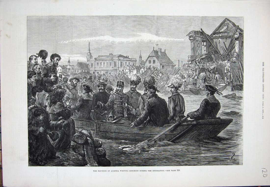 Old Antique Print 1879 Emperor Austria Szegedin Floods Boat Buildings Art 19th
