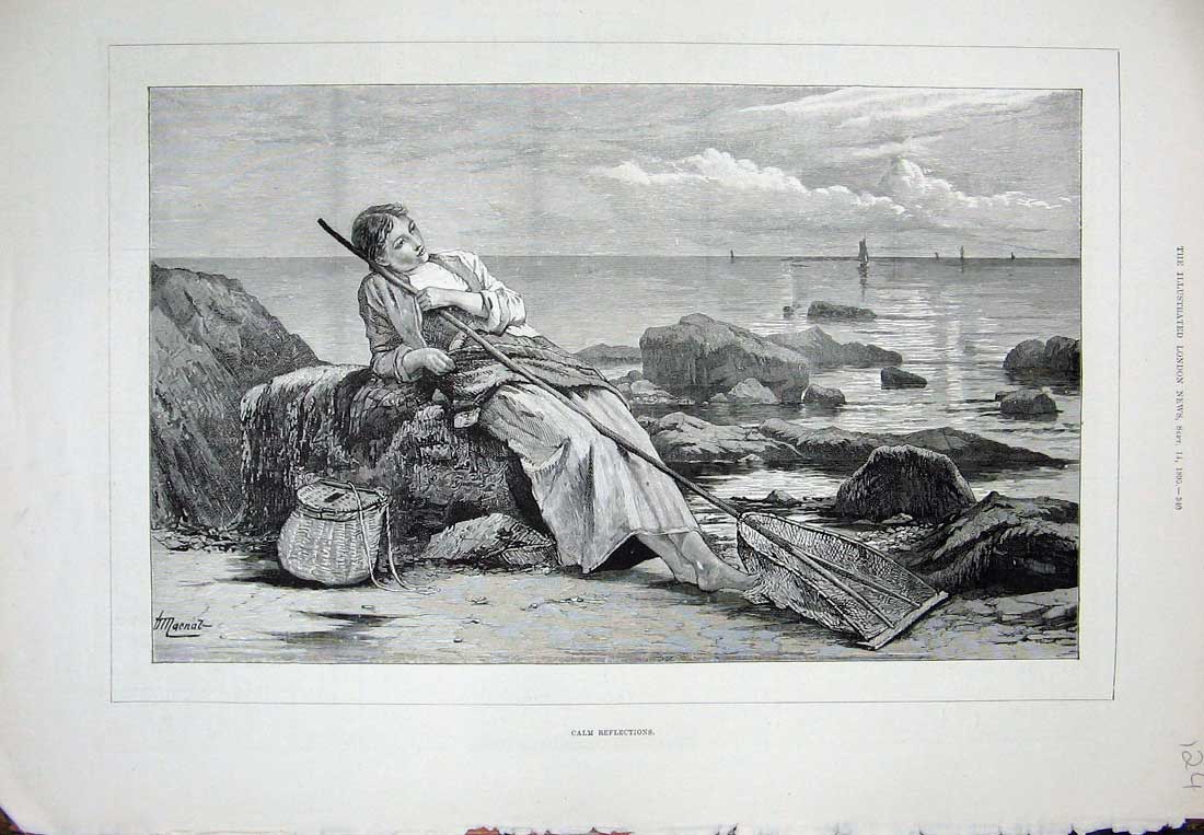 Original Old Antique Print 1895 Woman Beach Fishing Net Beach Rocks Fine Art