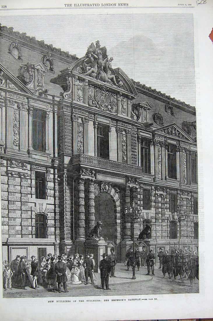 Old Antique Print 1869 New Buildings Tuileries Emperor'S Gateway France 19th