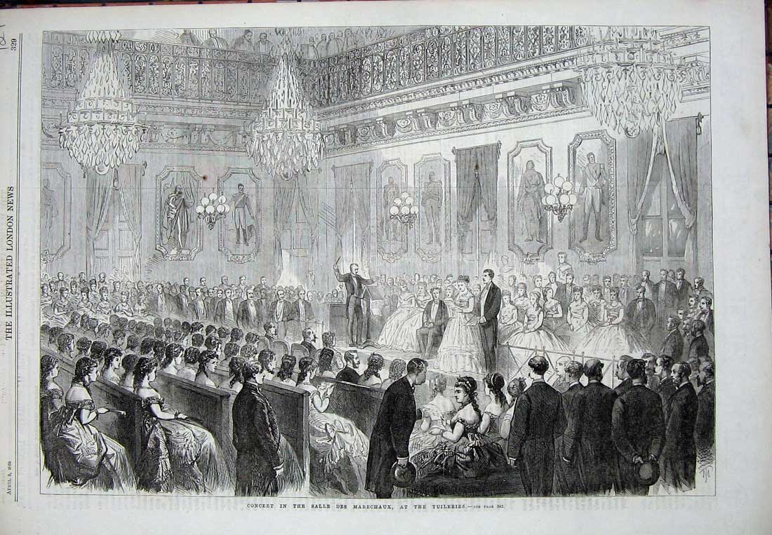 Old Antique Print 1869 Concert Salle Des Marechaux Tuileries Music People 19th