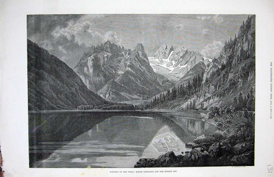 Original Old Antique Print 1877 Mountains Tyrol Monte Cristallo Durren See Art