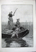 Original Old Antique Print 1891 Family River Boat Market Grass Omer Fine Art