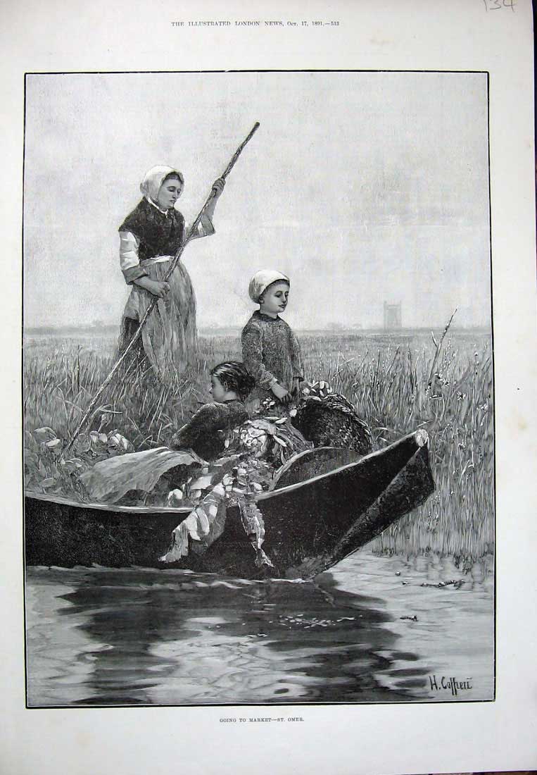 Original Old Antique Print 1891 Family River Boat Market Grass Omer Fine Art