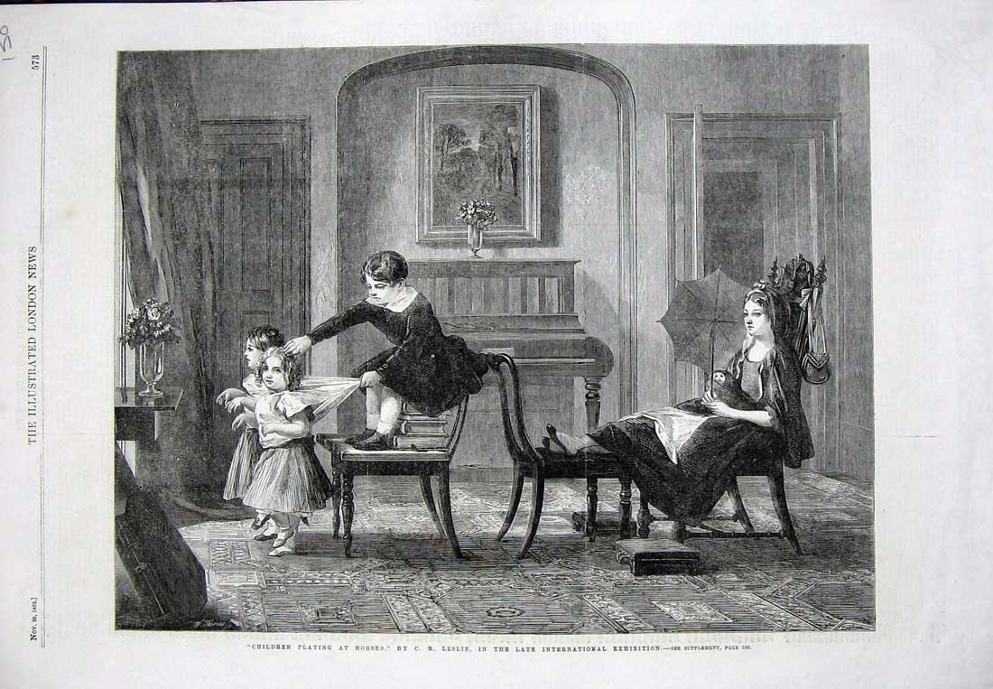 Old Antique Print 1862 Children Playing Horses Family Home Art Exhibition 19th