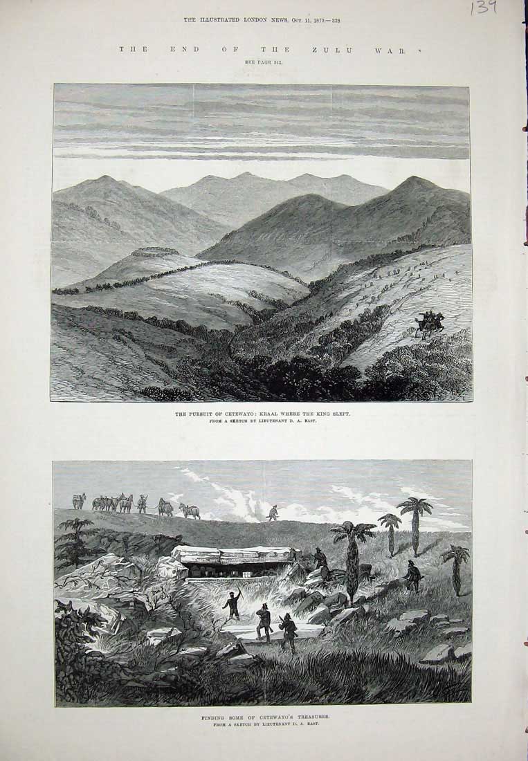 Old Antique Print 1879 Zulu War Cetewayo Kraal King Treasures Mountains 19th