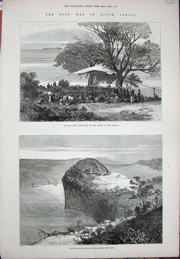 Original Old Antique Print 1879 Zulu War Africa Fort Pearson Tugela River Trees