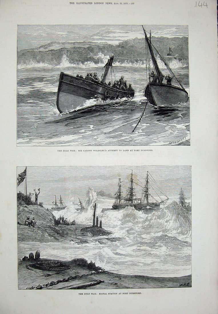 Old Antique Print 1879 Zulu War Garnet Wolseley Port Durnford Ships Sea 19th