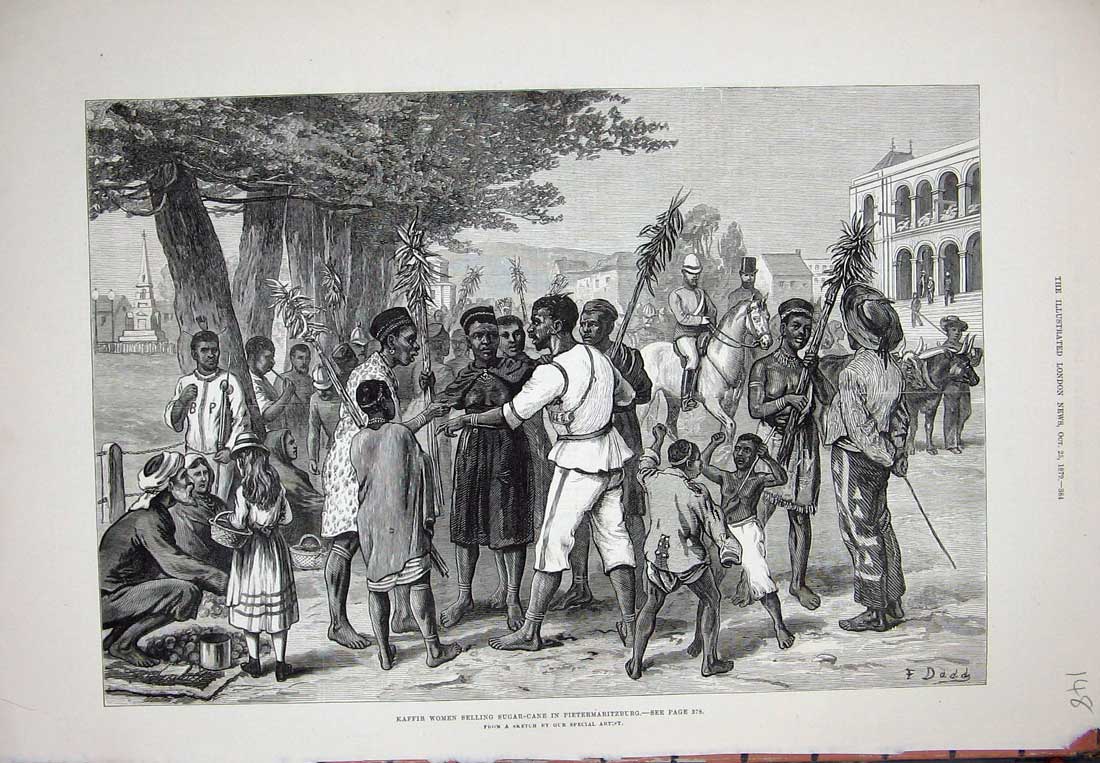 Old Antique Print 1879 Kaffir Women Selling Sugar Cane Pietermaritzburg 19th