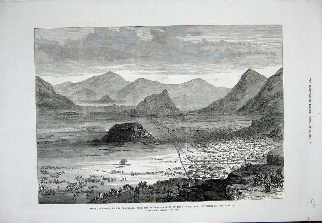 Original Old Antique Print Secokuni Town Transvaal Mountains War Siers 1880 Art