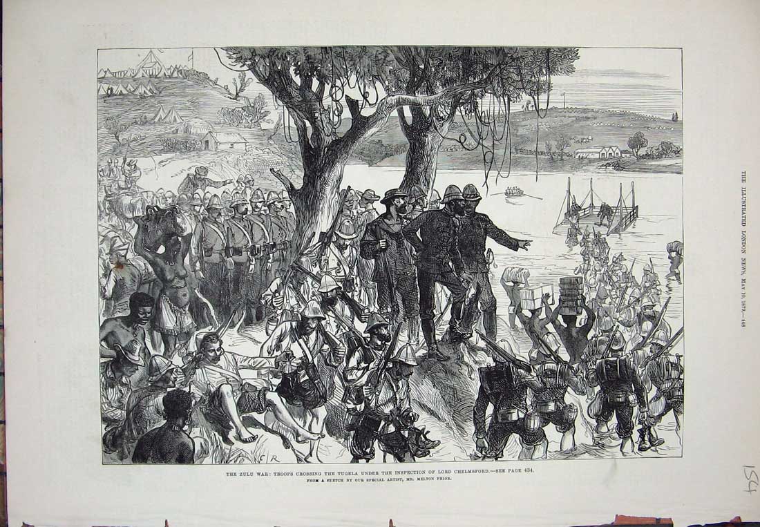 Original Old Antique Print 1879 Zulu War Troops Crossing Tugela Lord Chelmsford
