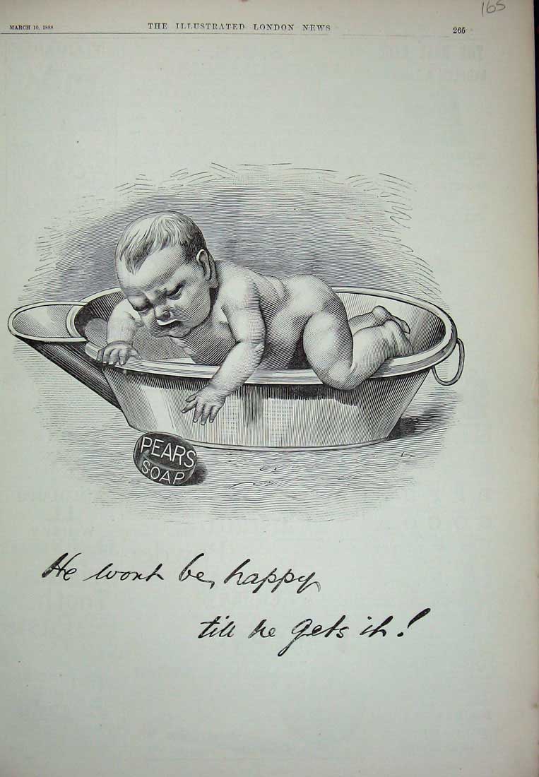 Original Old Antique Print 1888 Advertisement Pears Soap Baby Bath Cleaning
