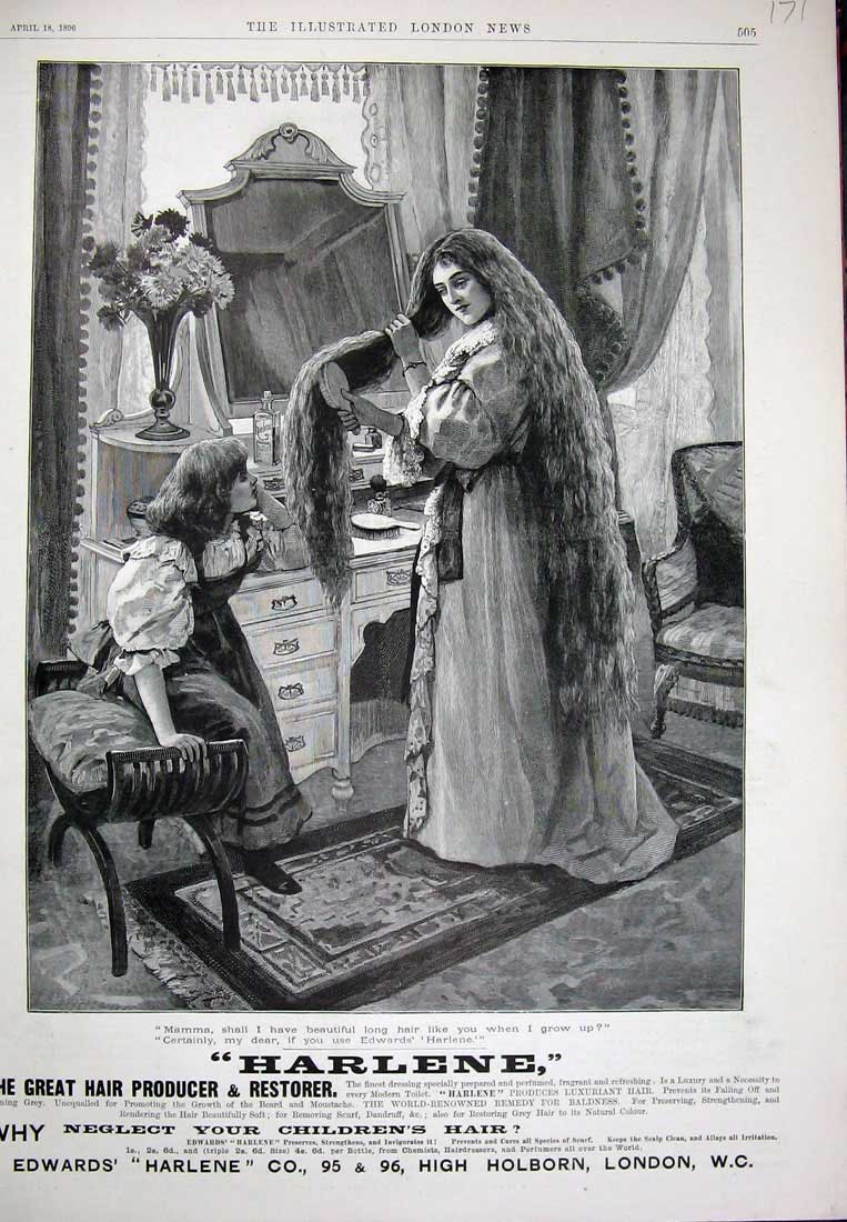 Original Old Antique Print 1896 Advertisement Harlene Hair Producer Restorer