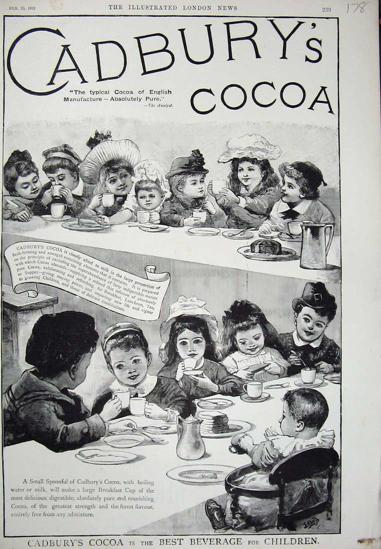Original Old Antique Print 1895 Advertisement Cadbury'S Cocoa Beverage Children