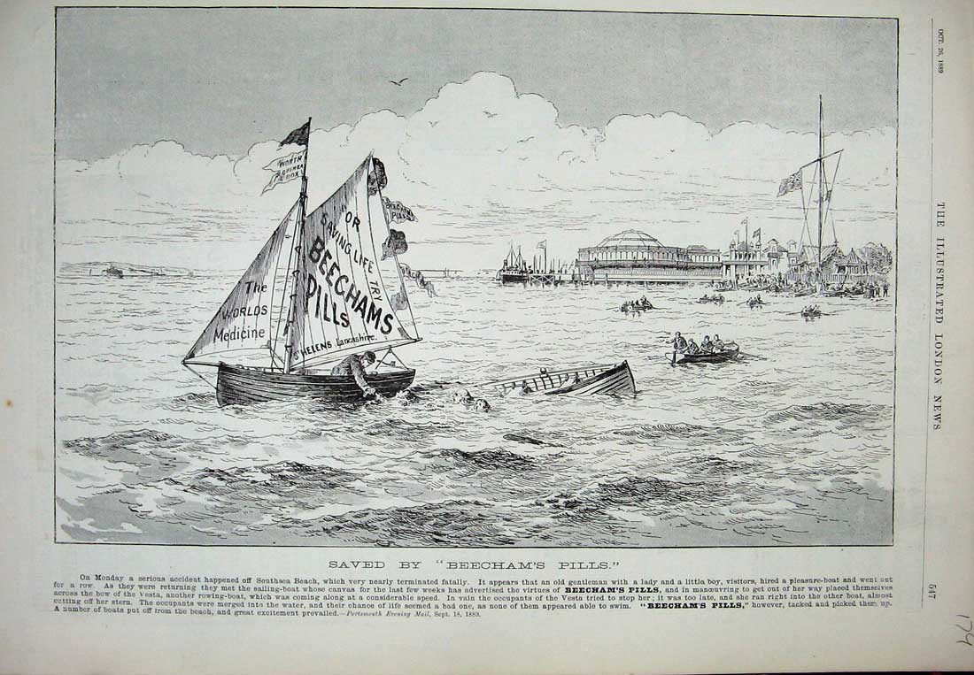 Old Antique Print 1889 Advertisement Beechams Pills Worlds Medicine Boat 19th