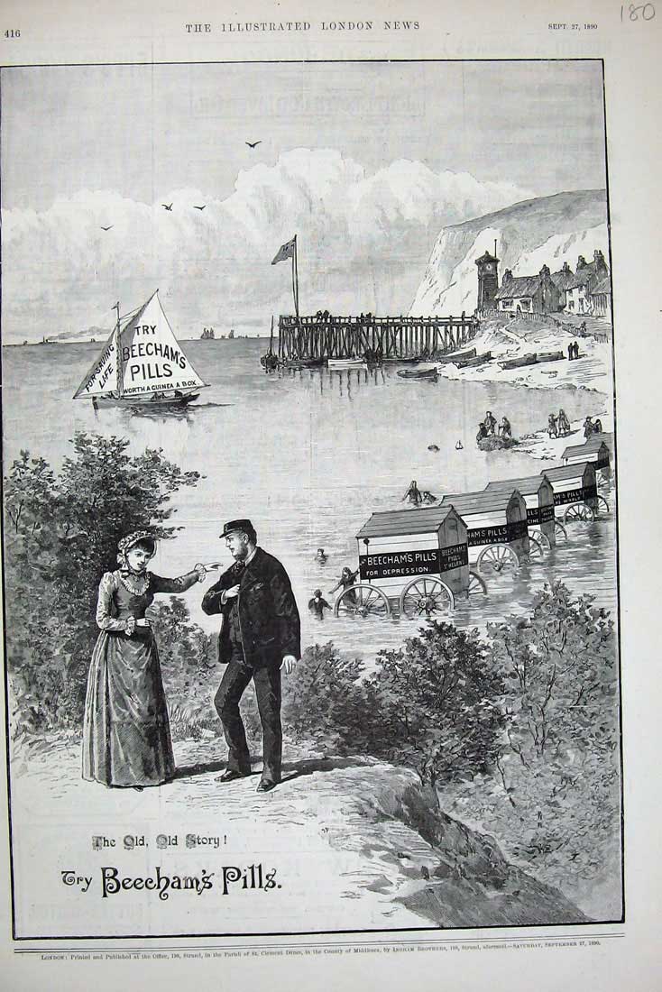 Old Antique Print 1890 Advertisement Beechams Pills Worlds Medicine Boat 19th