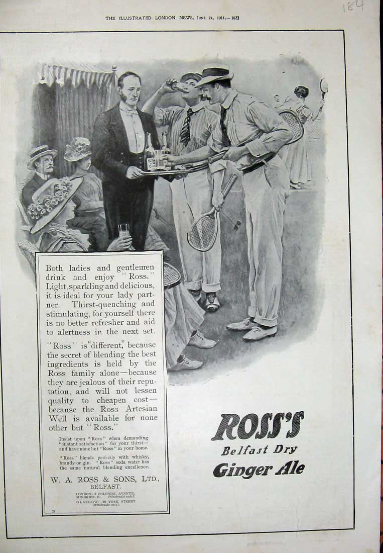 Original Old Antique Print 1911 Advertisement Ross Belfast Dry Ginger Ale Drink
