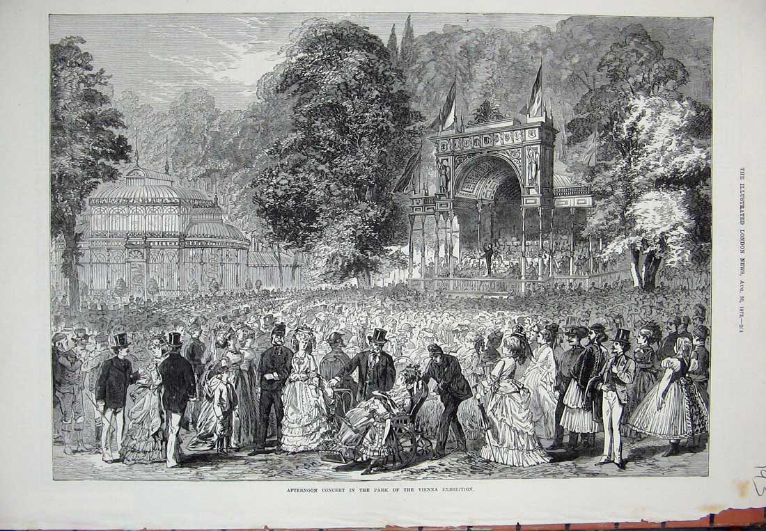 Antique Old Print *0307 1873 Afternoon Concert Park Vienna Exhibition People