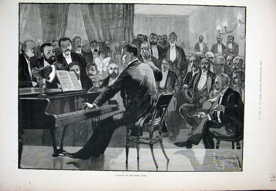 Old Antique Print 1887 Woodville Fine Art Meeting Lyric Club Music Piano 19th
