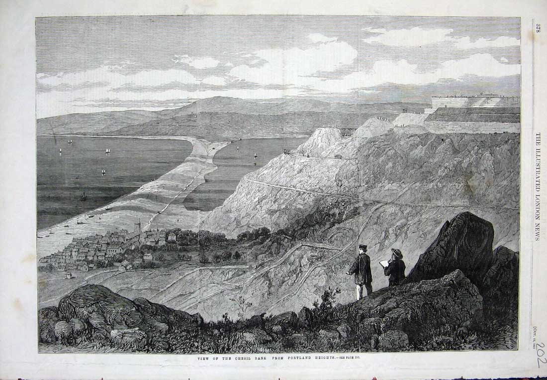 Original Old Antique Print 1861 View Chesil Bank Portland Heights Mountains Art