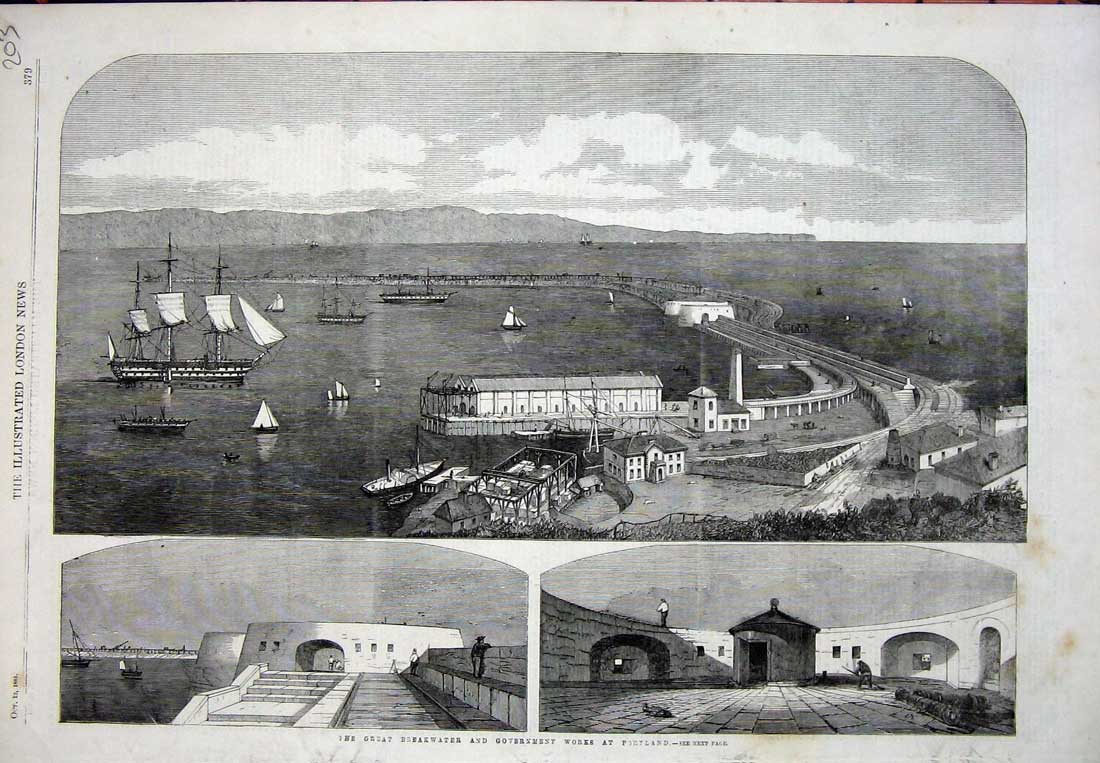 Original Old Antique Print 1861 Breakwater Government Works Portland Ships Art