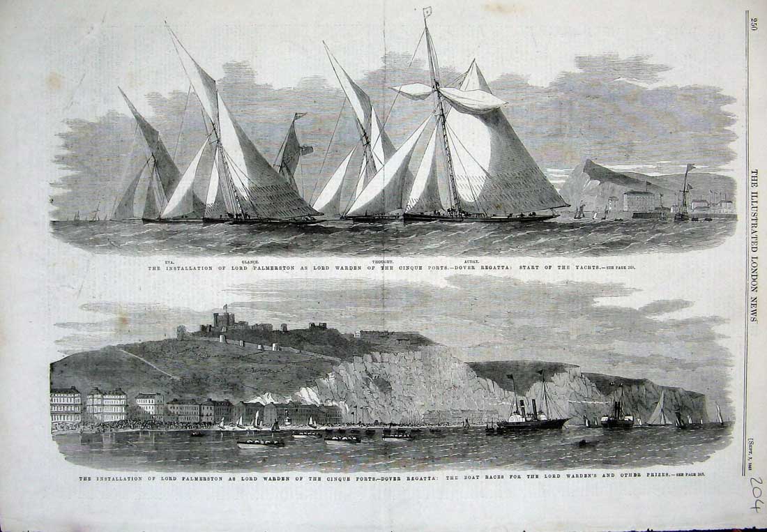 Old Antique Print 1861 Lord Palmerston Warden Cinque Ports Dover Regatta 19th