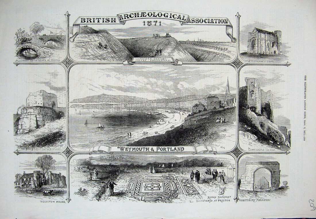 Old Antique Print 1871 Weymouth Portland Preston Monastery Castle Chapel 19th
