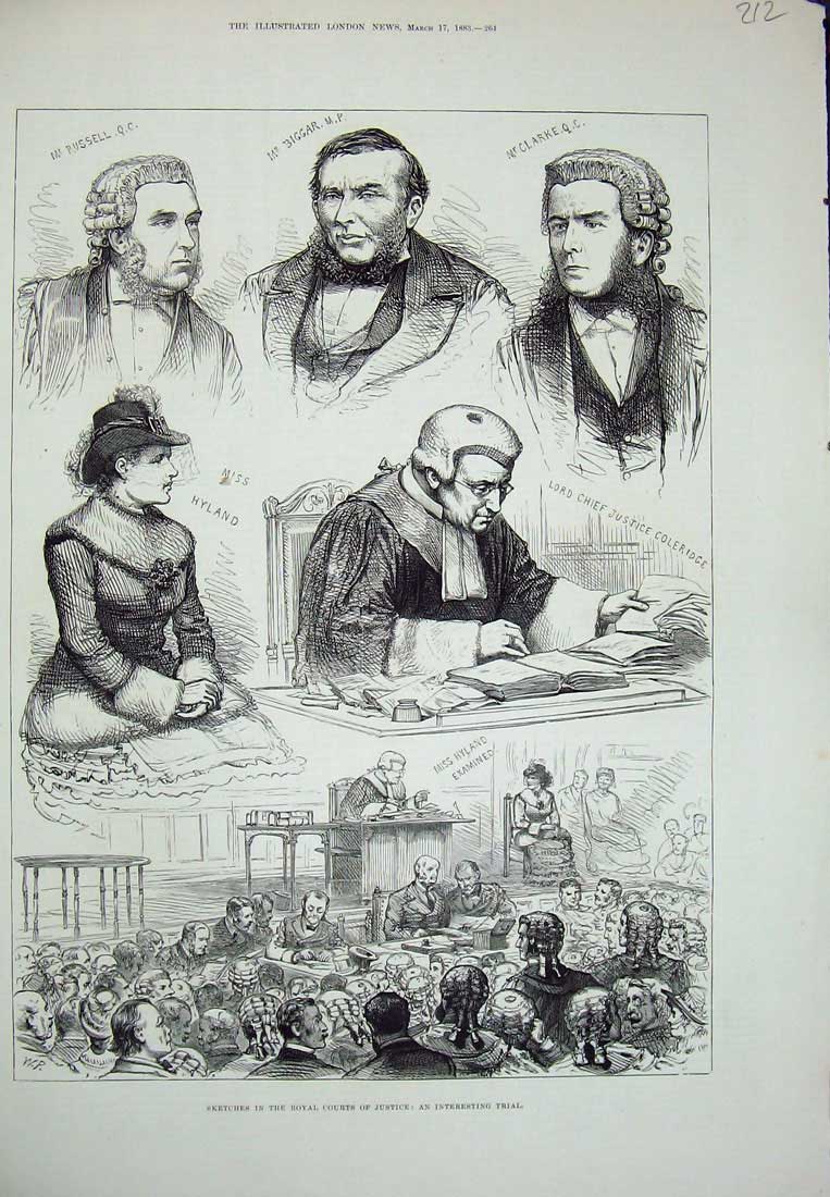 Old Antique Print Royal Court Justice 1883 Trial Russell Hyland Coleridge 19th