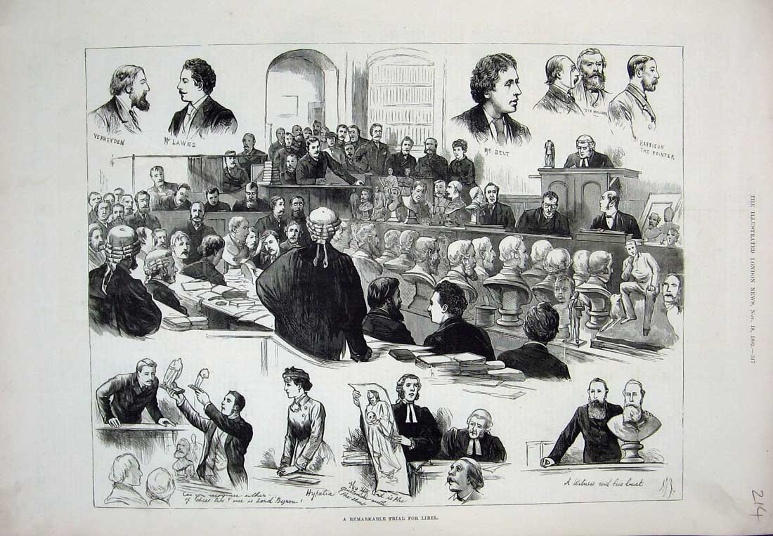Old Antique Print 1882 Court Room Trial Libel Witness Harrison Lawes Men 19th