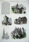 Original Old Antique Print 1869 Konigsberg Dantzic Castle House Tower Rathhaus