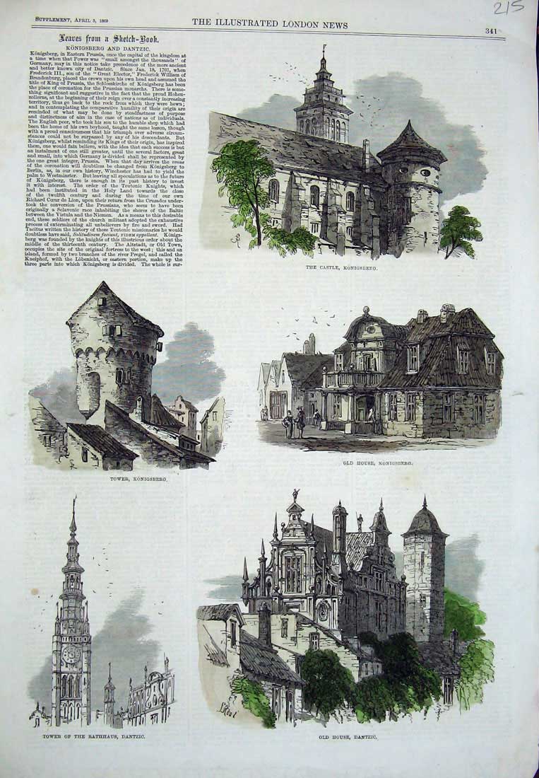 Original Old Antique Print 1869 Konigsberg Dantzic Castle House Tower Rathhaus