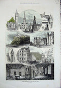 Original Old Antique Print 1871 Hand Coloured Scott Monument Holyrood Stirling