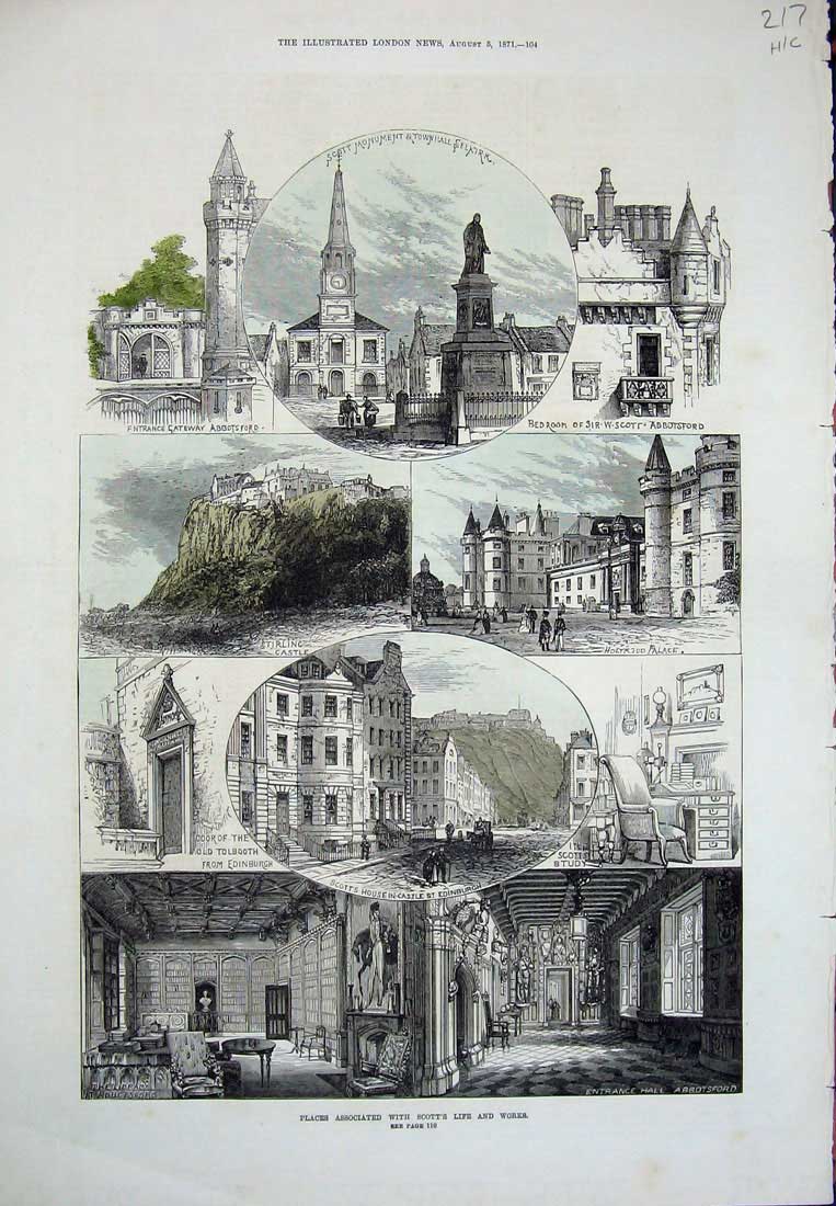 Original Old Antique Print 1871 Hand Coloured Scott Monument Holyrood Stirling